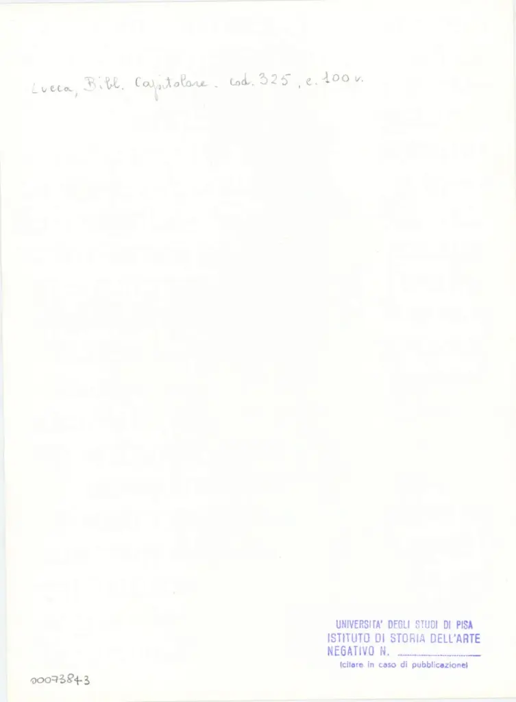 Universit&agrave; di Pisa. Dipartimento di Storia delle Arti , Anonimo italiano - sec. XIV, primo quarto - Lucca, Biblioteca Capitolare Feliniana, Ms. 325, f. 100v, particolare , retro