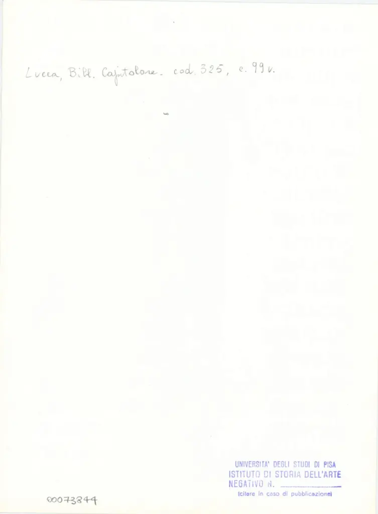 Universit&agrave; di Pisa. Dipartimento di Storia delle Arti , Anonimo italiano - sec. XIV, primo quarto - Lucca, Biblioteca Capitolare Feliniana, Ms. 325, f. 99v, particolare , retro