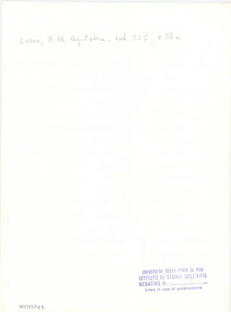 Universit&agrave; di Pisa. Dipartimento di Storia delle Arti , Anonimo italiano - sec. XIV, primo quarto - Lucca, Biblioteca Capitolare Feliniana, Ms. 325, f. 97v, particolare , retro