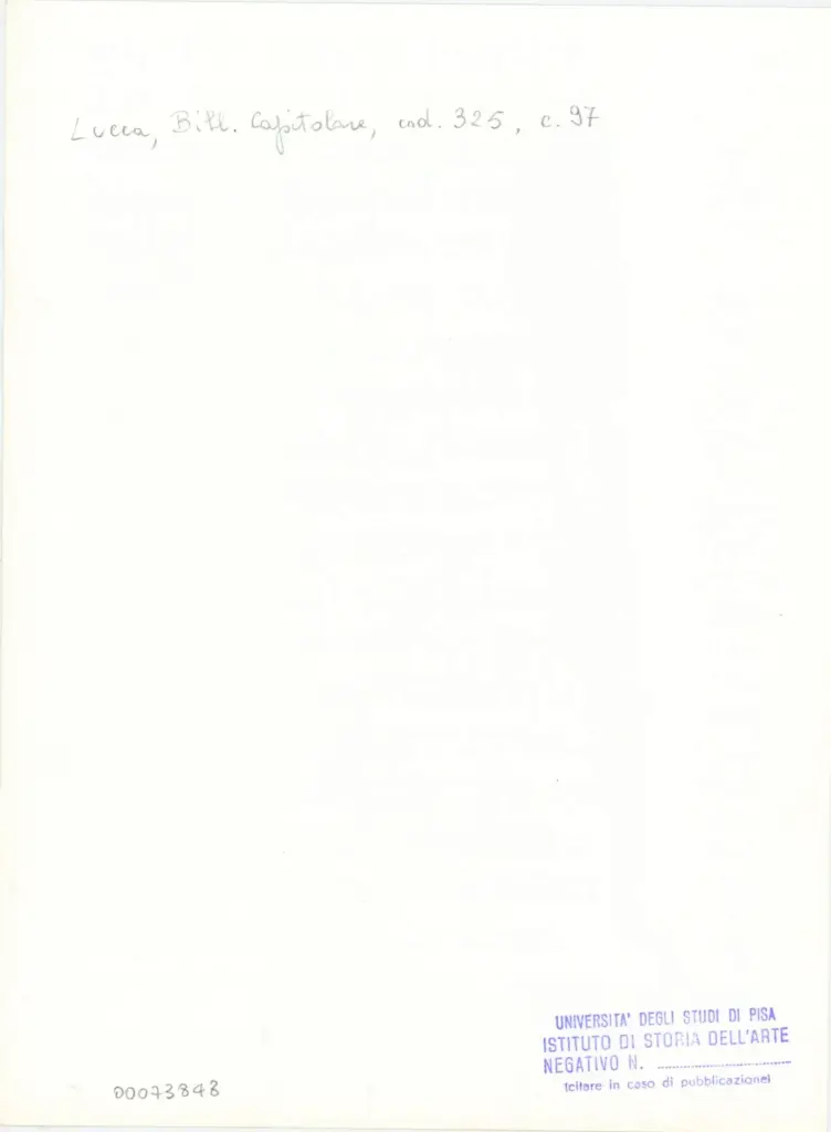 Universit&agrave; di Pisa. Dipartimento di Storia delle Arti , Anonimo italiano - sec. XIV, primo quarto - Lucca, Biblioteca Capitolare Feliniana, Ms. 325, f. 97r, particolare , retro