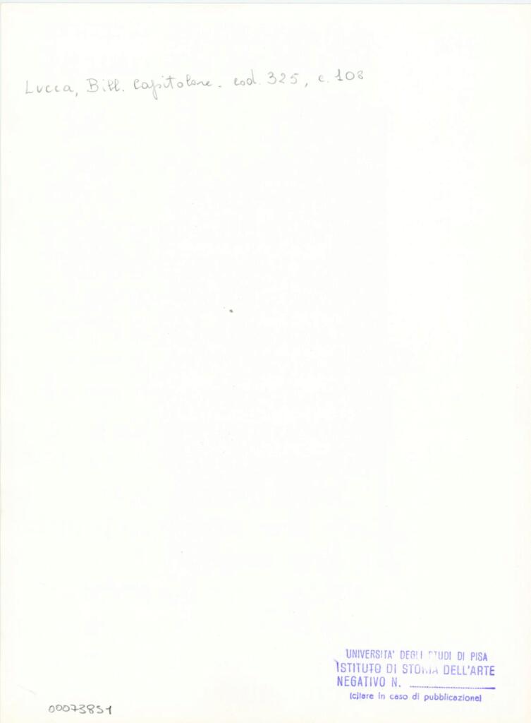 Università di Pisa. Dipartimento di Storia delle Arti , Anonimo italiano - sec. XIV, primo quarto - Lucca, Biblioteca Capitolare Feliniana, Ms. 325, f. 108r, particolare , retro