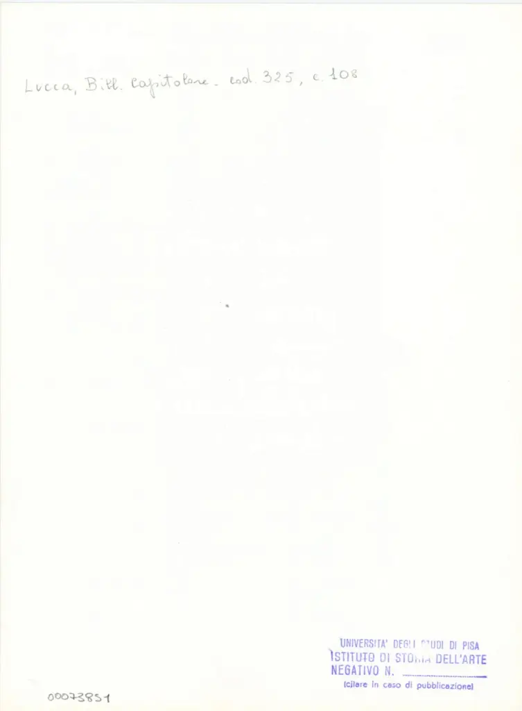 Universit&agrave; di Pisa. Dipartimento di Storia delle Arti , Anonimo italiano - sec. XIV, primo quarto - Lucca, Biblioteca Capitolare Feliniana, Ms. 325, f. 108r, particolare , retro