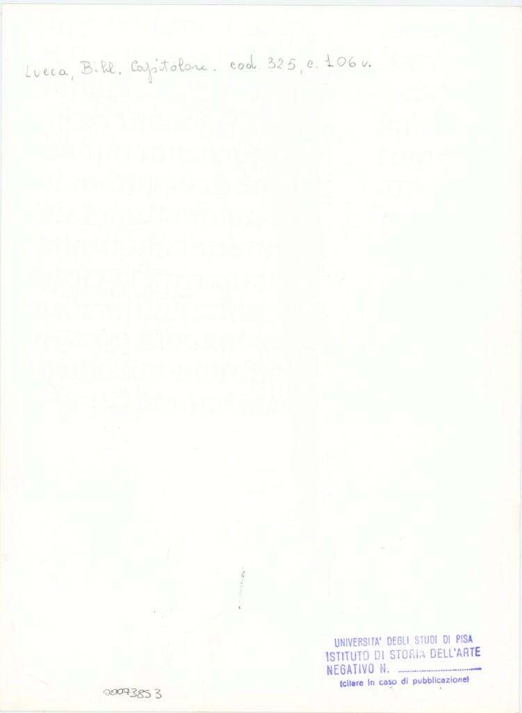 Università di Pisa. Dipartimento di Storia delle Arti , Anonimo italiano - sec. XIV, primo quarto - Lucca, Biblioteca Capitolare Feliniana, Ms. 325, f. 106v, particolare , retro