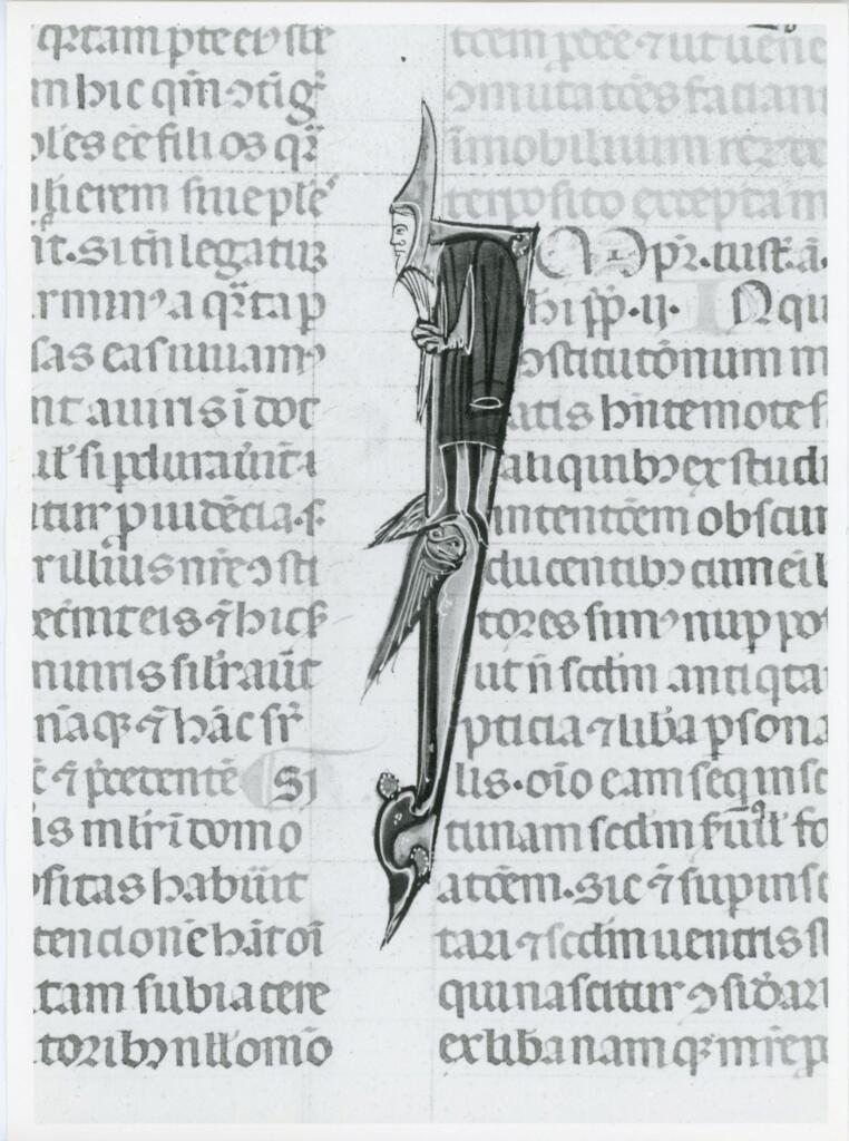Anonimo italiano sec. XIV , Iniziale I, Iniziale figurata, Figura umana, Motivi decorativi vegetali e zoomorfi
