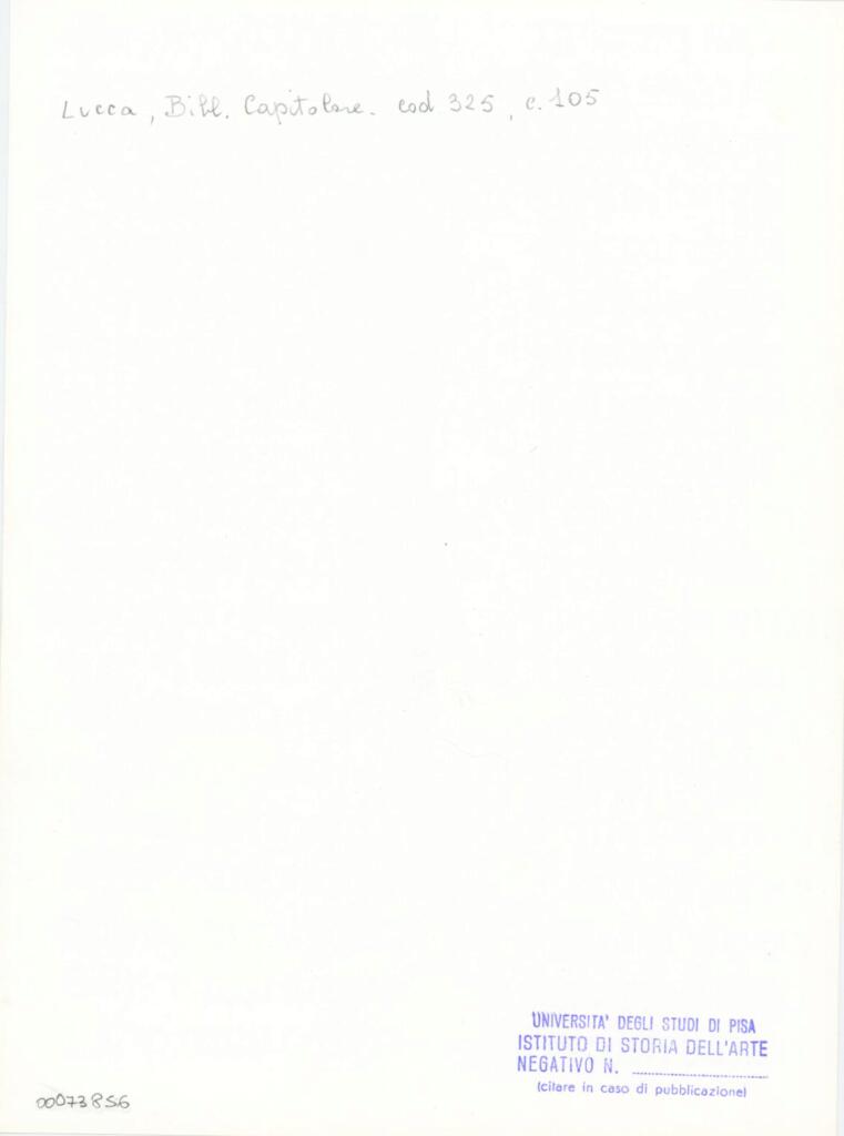 Università di Pisa. Dipartimento di Storia delle Arti , Anonimo italiano - sec. XIV, primo quarto - Lucca. Biblioteca Capitolare Feliniana, Ms. 325, f. 105r, particolare , retro