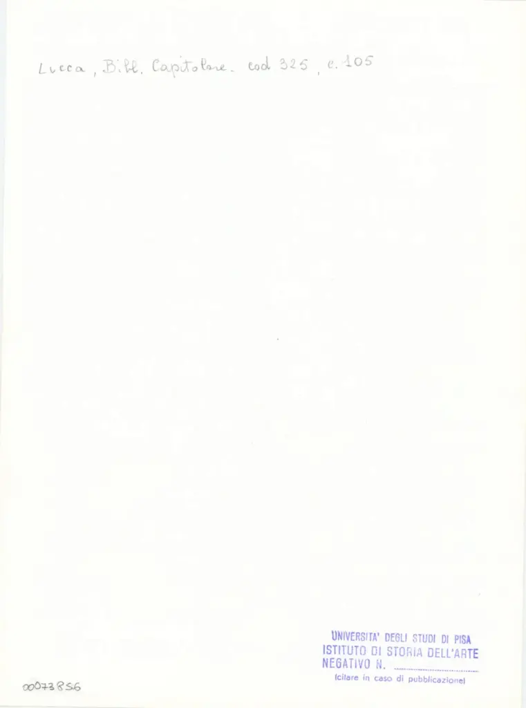 Universit&agrave; di Pisa. Dipartimento di Storia delle Arti , Anonimo italiano - sec. XIV, primo quarto - Lucca. Biblioteca Capitolare Feliniana, Ms. 325, f. 105r, particolare , retro