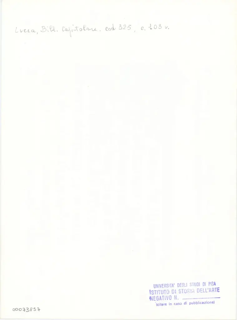 Universit&agrave; di Pisa. Dipartimento di Storia delle Arti , Anonimo italiano - sec. XIV, primo quarto - Lucca, Biblioteca Capitolare Feliniana, Ms. 325, f. 103v, particolare , retro