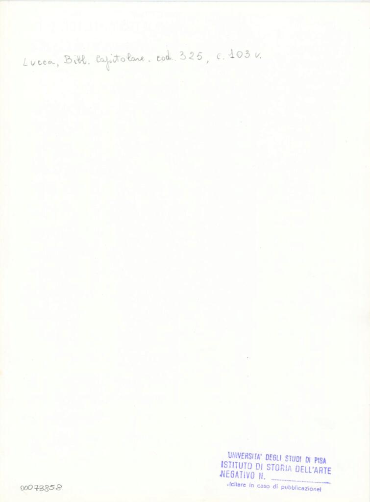 Università di Pisa. Dipartimento di Storia delle Arti , Anonimo italiano - sec. XIV, primo quarto - Lucca, Biblioteca Capitolare Feliniana, Ms. 325, f. 103v, particolare , retro