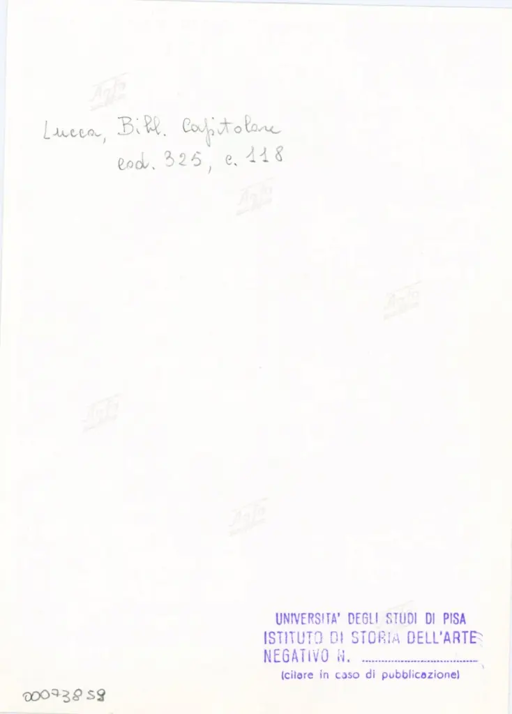 Universit&agrave; di Pisa. Dipartimento di Storia delle Arti , Anonimo italiano - sec. XIV, primo quarto - Lucca, Biblioteca Capitolare Feliniana, Ms. 325, f. 118r, particolare , retro