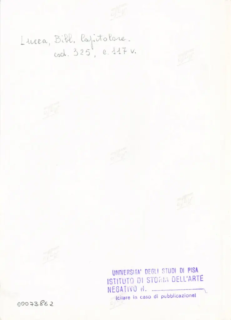 Universit&agrave; di Pisa. Dipartimento di Storia delle Arti , Anonimo italiano - sec. XIV, primo quarto - Lucca, Biblioteca Capitolare Feliniana, Ms. 325, f. 117v, particolare , retro