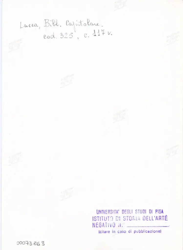 Universit&agrave; di Pisa. Dipartimento di Storia delle Arti , Anonimo italiano - sec. XIV, primo quarto - Lucca, Biblioteca Capitolare Feliniana, Ms. 325, f. 117v, particolare , retro