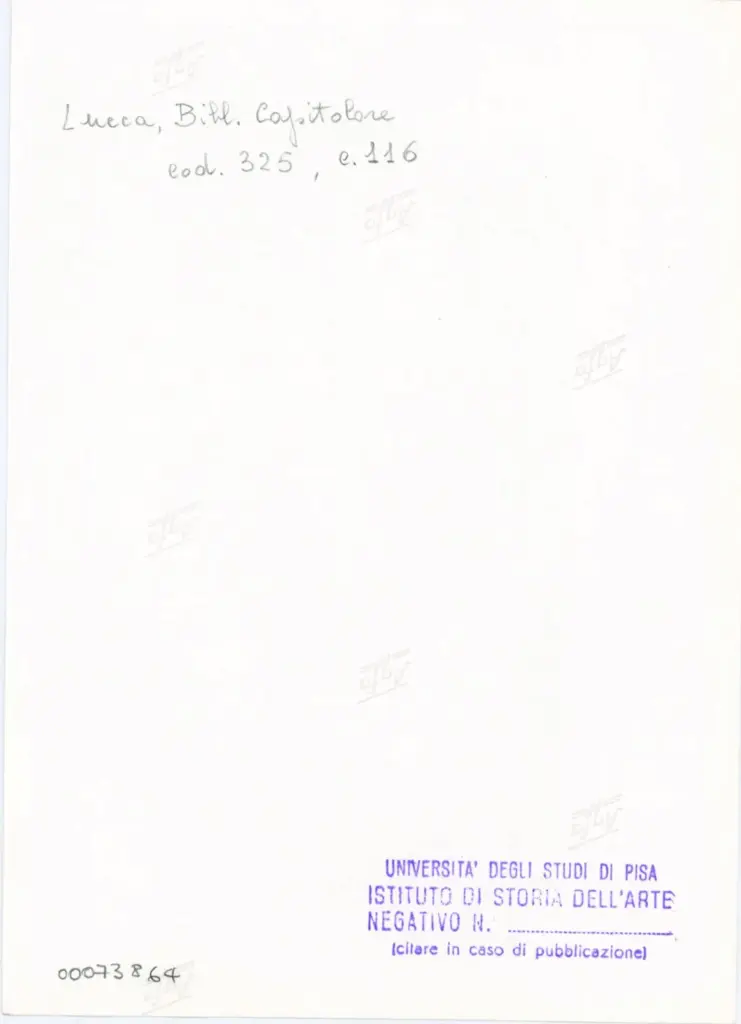 Universit&agrave; di Pisa. Dipartimento di Storia delle Arti , Anonimo italiano - sec. XIV, primo quarto - Lucca, Biblioteca Capitolare Feliniana, Ms. 325, f. 116r, particolare , retro