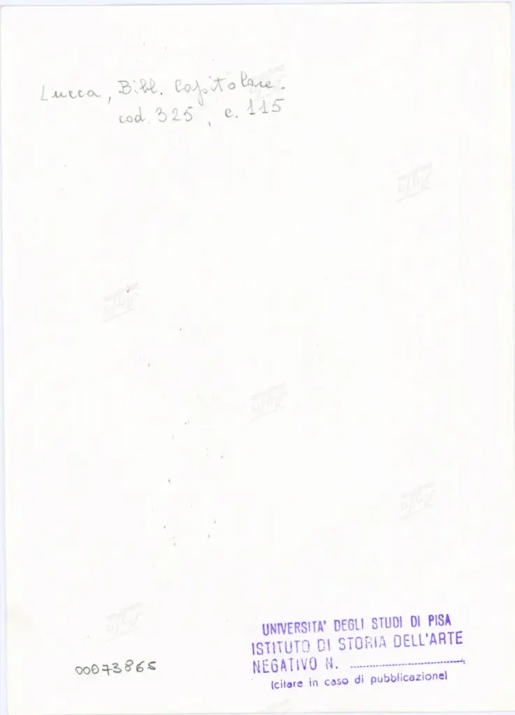 Universit&agrave; di Pisa. Dipartimento di Storia delle Arti , Anonimo italiano - sec. XIV, primo quarto - Lucca, Biblioteca Capitolare Feliniana, Ms. 325, f. 115r, particolare , retro