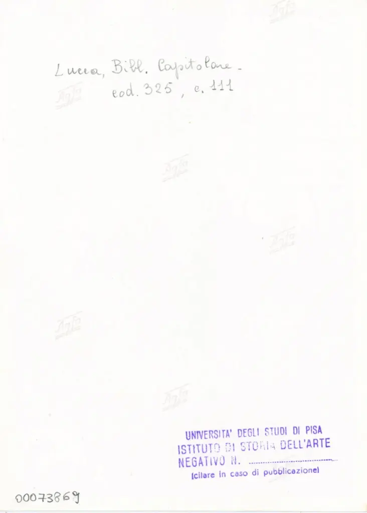 Universit&agrave; di Pisa. Dipartimento di Storia delle Arti , Anonimo italiano - sec. XIV, primo quarto - Lucca, Biblioteca Capitolare Feliniana, Ms. 325, f. 111r, particolare , retro