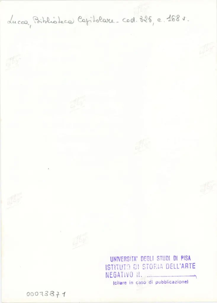 Università di Pisa. Dipartimento di Storia delle Arti , Anonimo italiano - sec. XIV, primo quarto - Lucca, Biblioteca Capitolare Feliniana, Ms. 325, f. 168v, particolare , retro