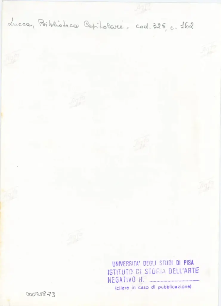 Universit&agrave; di Pisa. Dipartimento di Storia delle Arti , Anonimo italiano - sec. XIV, primo quarto - Lucca, Biblioteca Capitolare Feliniana, Ms. 325, f. 162r, particolare , retro