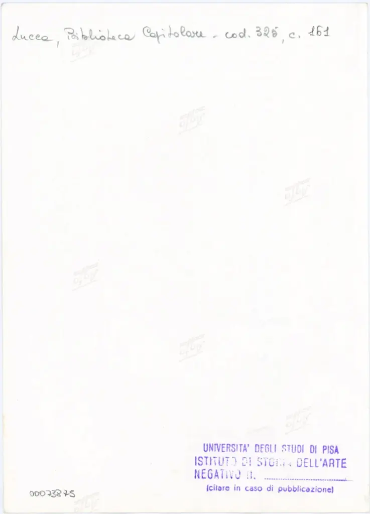 Universit&agrave; di Pisa. Dipartimento di Storia delle Arti , Anonimo italiano - sec. XIV, primo quarto - Lucca, Biblioteca Capitolare Feliniana, Ms. 325, f. 161r, particolare , retro