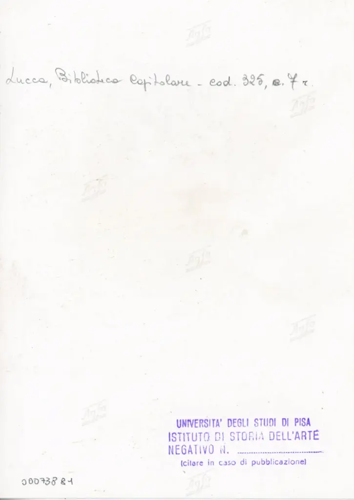 Universit&agrave; di Pisa. Dipartimento di Storia delle Arti , Anonimo italiano - sec. XIV, primo quarto - Lucca, Biblioteca Capitolare Feliniana, Ms. 325, f. 7r, particolare , retro