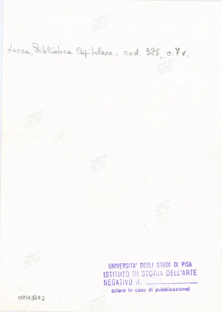 Universit&agrave; di Pisa. Dipartimento di Storia delle Arti , Anonimo italiano - sec. XIV, primo quarto - Lucca, Biblioteca Capitolare Feliniana, Ms. 325, f. 7v, particolare , retro