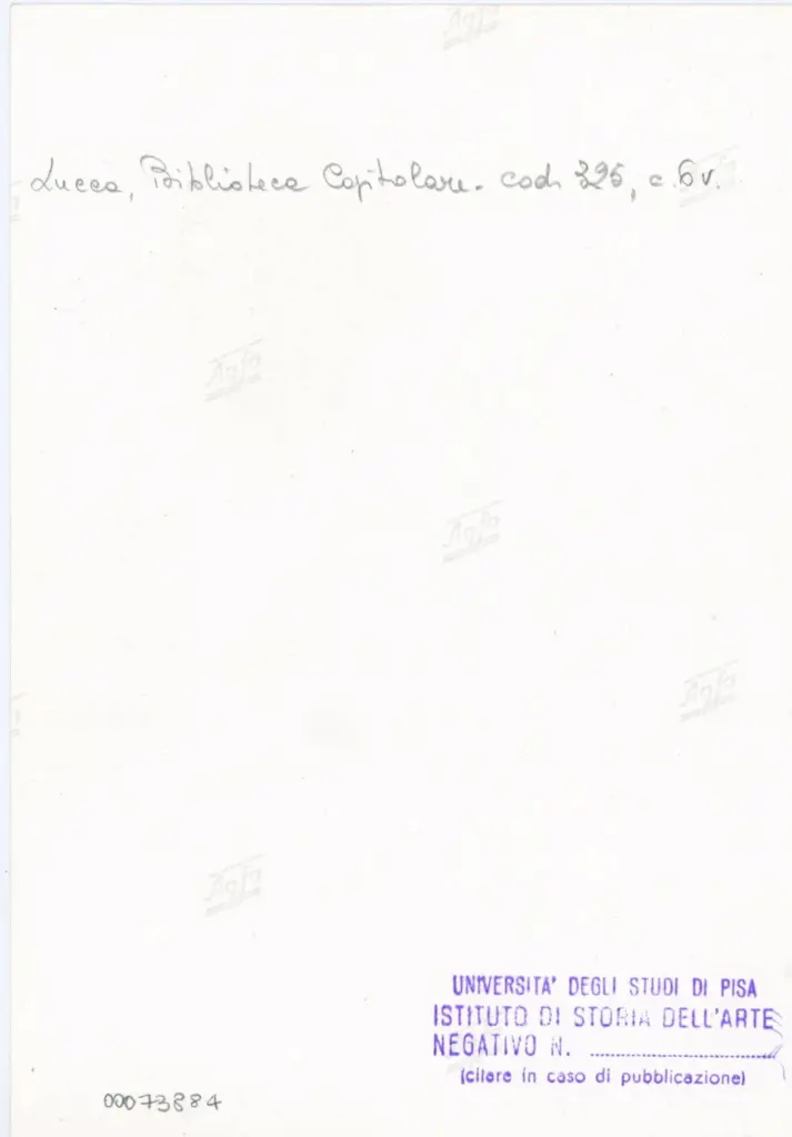 Universit&agrave; di Pisa. Dipartimento di Storia delle Arti , Anonimo italiano - sec. XIV, primo quarto - Lucca, Biblioteca Capitolare Feliniana, Ms. 325, f. 6v, particolare , retro