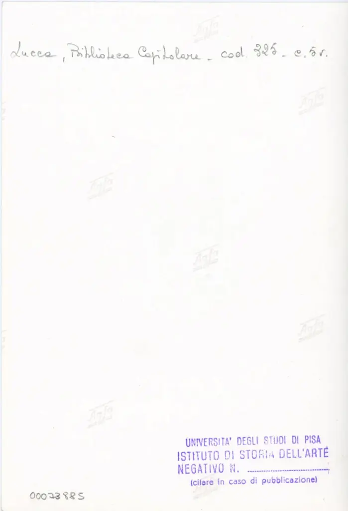 Universit&agrave; di Pisa. Dipartimento di Storia delle Arti , Anonimo italiano - sec. XIV, primo quarto - Lucca, Biblioteca Capitolare Feliniana, Ms. 325, f. 5v, particolare , retro