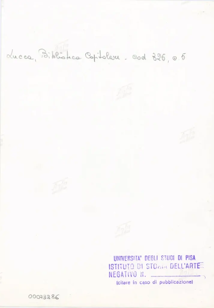 Universit&agrave; di Pisa. Dipartimento di Storia delle Arti , Anonimo italiano - sec. XIV, primo quarto - Lucca, Biblioteca Capitolare Feliniana, Ms. 325, f. 5r, particolare , retro