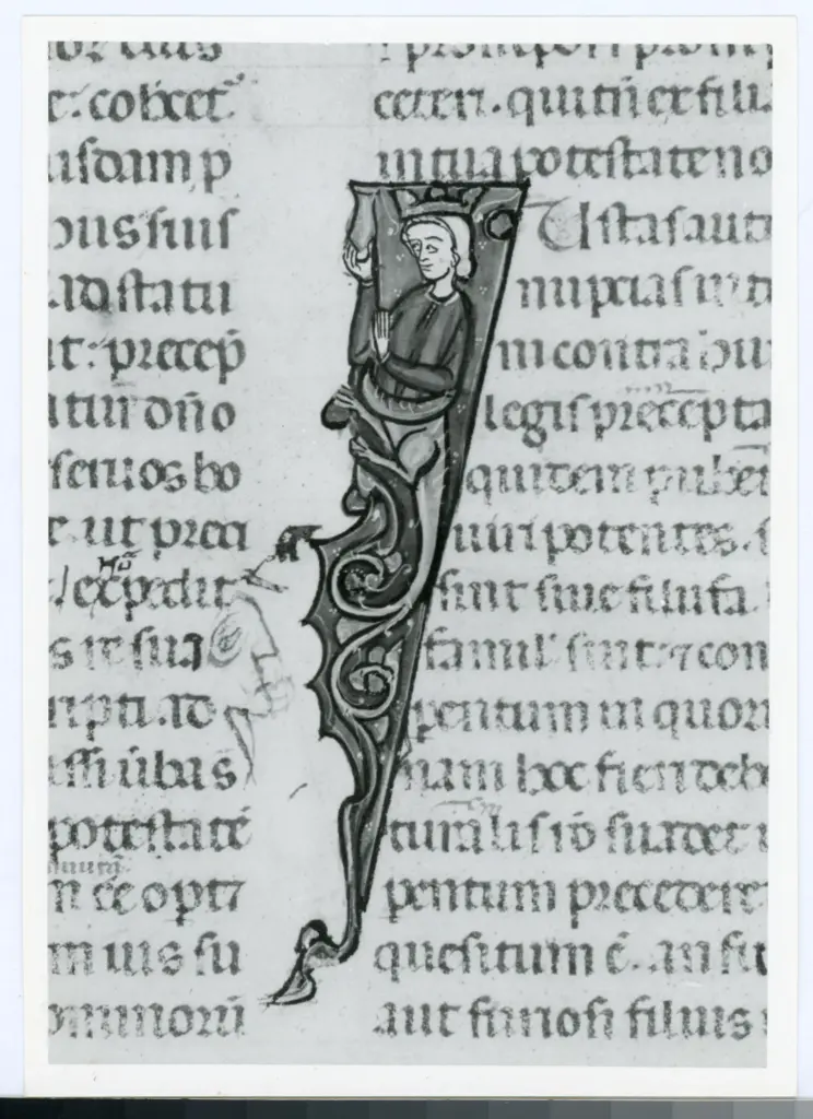 Anonimo italiano sec. XIV , Iniziale I, Iniziale figurata, Motivi decorativi con figure fantastiche, Motivi decorativi vegetali