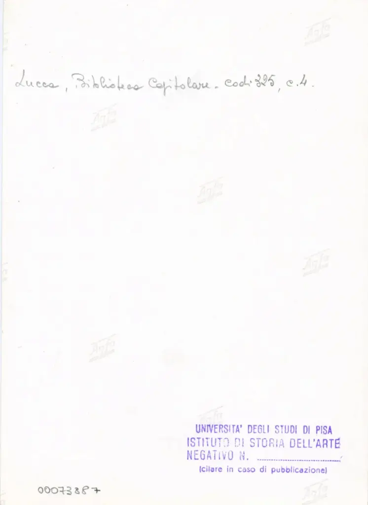 Universit&agrave; di Pisa. Dipartimento di Storia delle Arti , Anonimo italiano - sec. XIV, primo quarto - Lucca, Biblioteca Capitolare Feliniana, Ms. 325, f. 4r, particolare , retro
