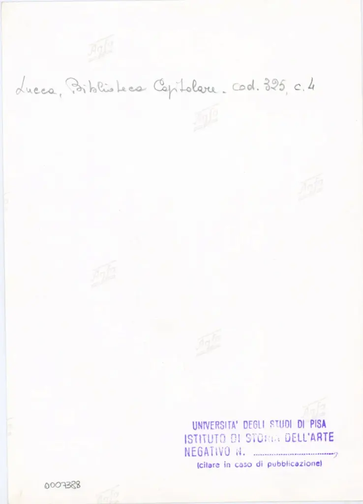 Universit&agrave; di Pisa. Dipartimento di Storia delle Arti , Anonimo italiano - sec. XIV, primo quarto - Lucca, Biblioteca Capitolare Feliniana, Ms. 325, f. 4r, particolare , retro