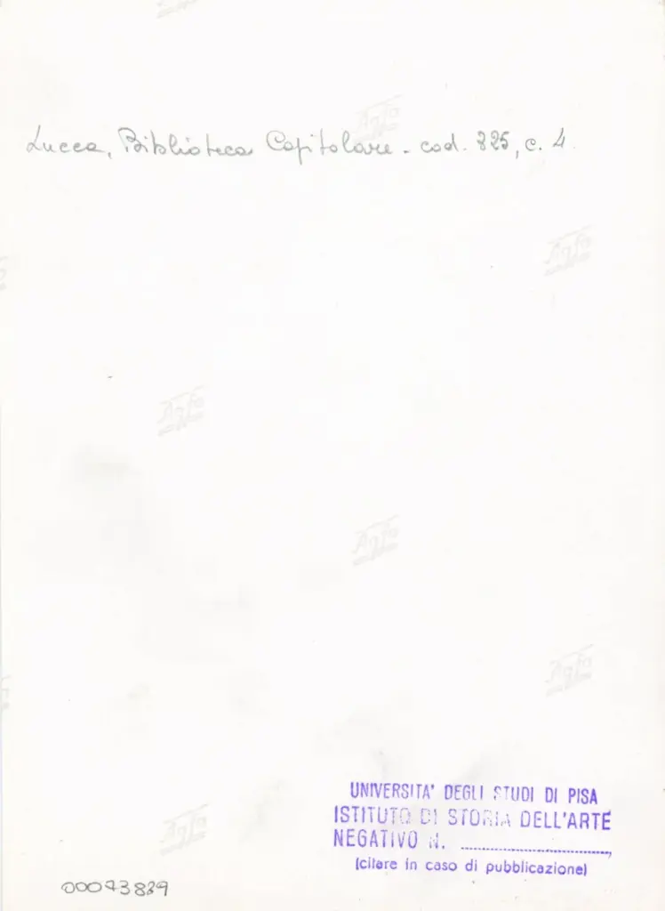 Università di Pisa. Dipartimento di Storia delle Arti , Anonimo italiano - sec. XIV, primo quarto - Lucca, Biblioteca Capitolare Feliniana, Ms. 325, f. 4r, particolare , retro