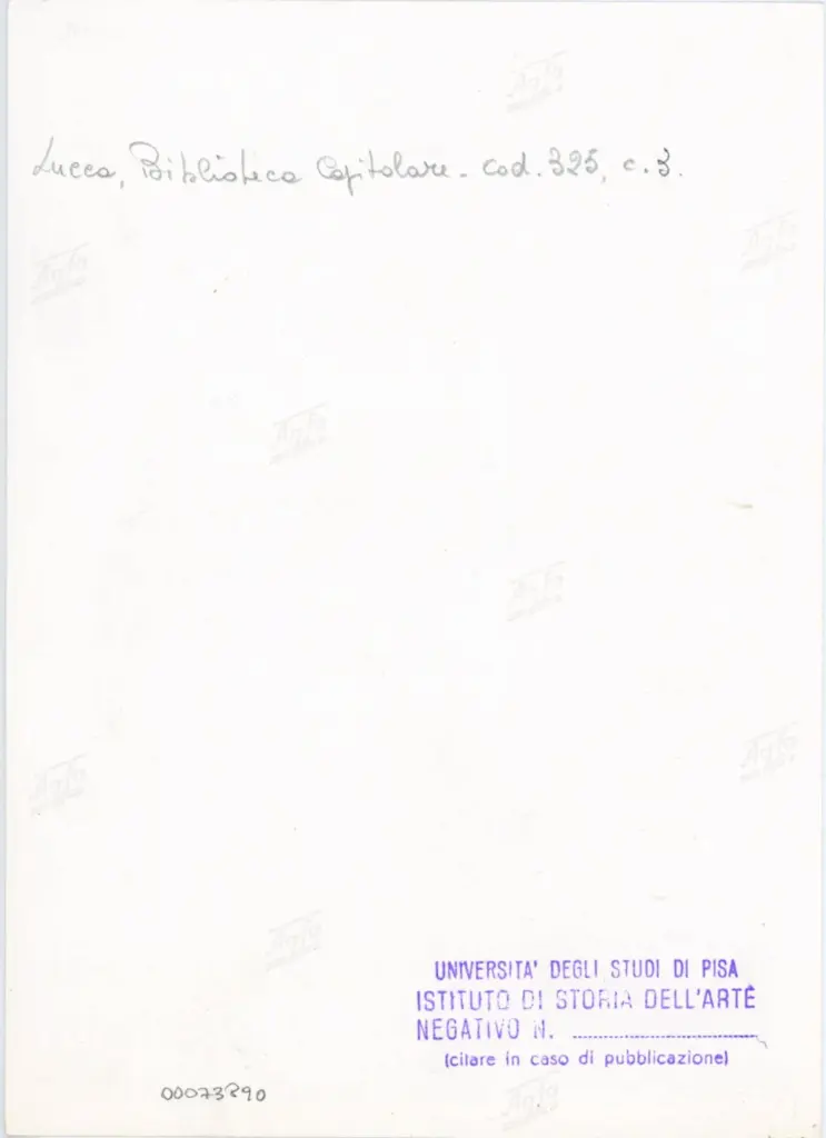 Universit&agrave; di Pisa. Dipartimento di Storia delle Arti , Anonimo italiano - sec. XIV, primo quarto - Lucca, Biblioteca Capitolare Feliniana, Ms. 325, f. 3r, particolare , retro