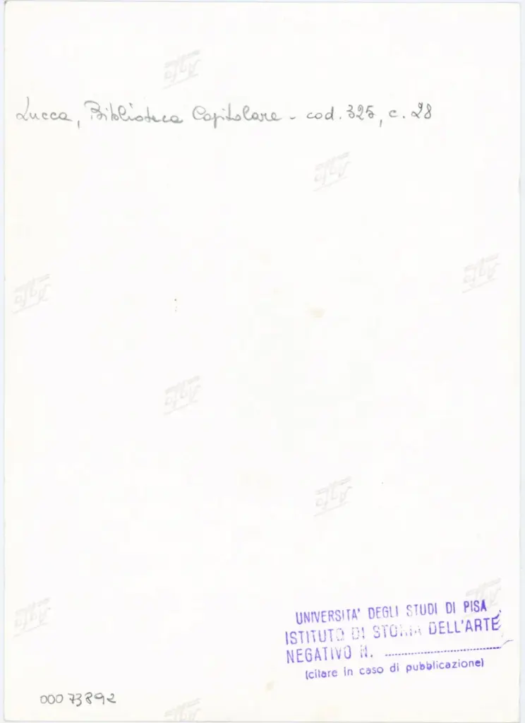 Università di Pisa. Dipartimento di Storia delle Arti , Anonimo italiano - sec. XIV, primo quarto - Lucca, Biblioteca Capitolare Feliniana, Ms. 325, f. 28r, particolare , retro