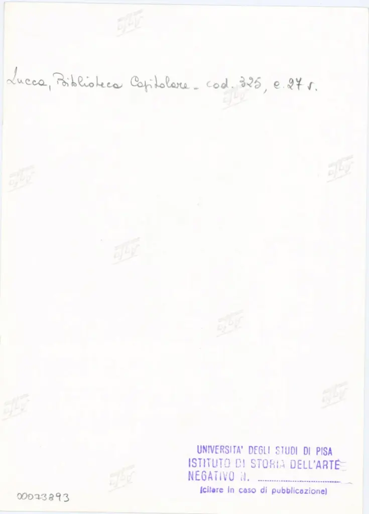 Universit&agrave; di Pisa. Dipartimento di Storia delle Arti , Anonimo italiano - sec. XIV, primo quarto - Lucca, Biblioteca Capitolare Feliniana, Ms. 325, f. 27v, particolare , retro