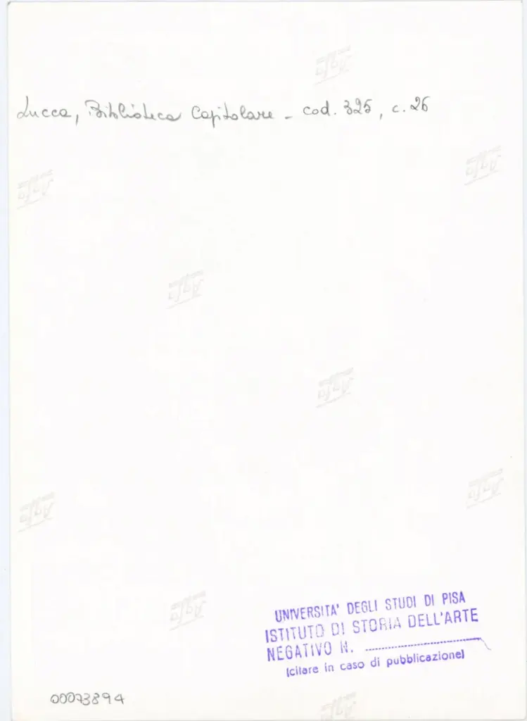 Universit&agrave; di Pisa. Dipartimento di Storia delle Arti , Anonimo italiano - sec. XIV, primo quarto - Lucca, Biblioteca Capitolare Feliniana, Ms. 325, f. 26r, particolare , retro
