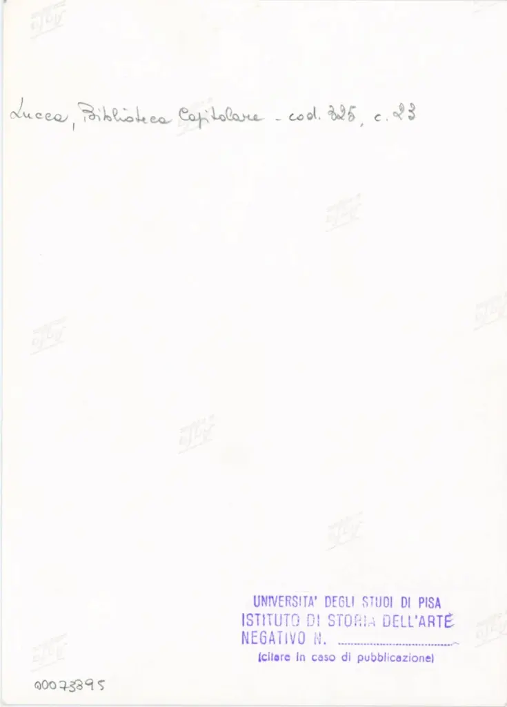 Universit&agrave; di Pisa. Dipartimento di Storia delle Arti , Anonimo italiano - sec. XIV, primo quarto - Lucca, Biblioteca Capitolare Feliniana, Ms. 325, f. 23r, particolare , retro