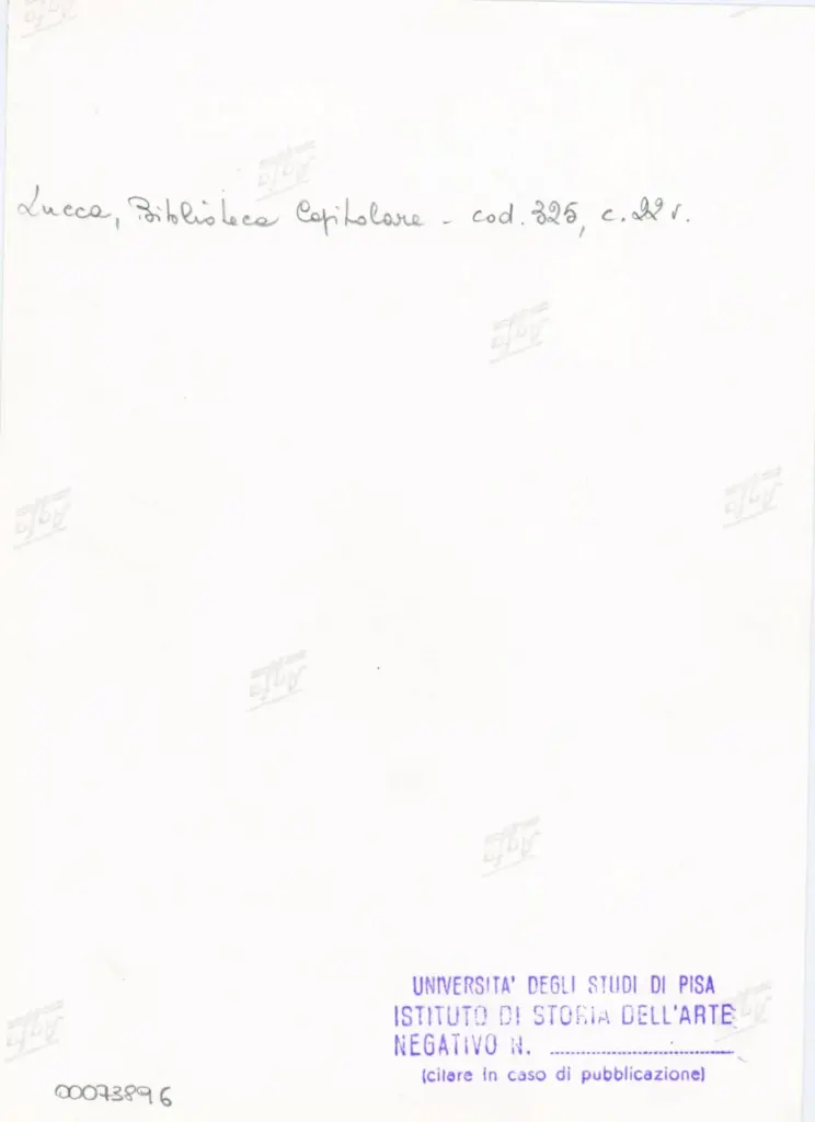 Università di Pisa. Dipartimento di Storia delle Arti , Anonimo italiano - sec. XIV, primo quarto - Lucca, Biblioteca Capitolare Feliniana, Ms. 325, f. 22v, particolare , retro