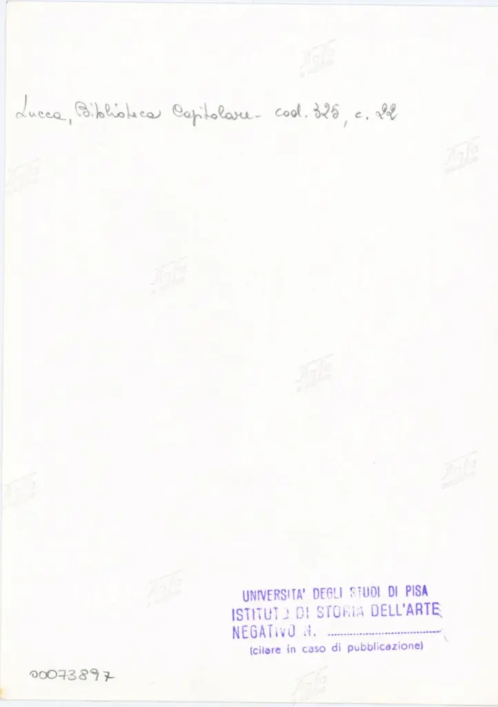 Universit&agrave; di Pisa. Dipartimento di Storia delle Arti , Anonimo italiano - sec. XIV, primo quarto - Lucca, Biblioteca Capitolare Feliniana, Ms. 325, f. 22r, particolare , retro