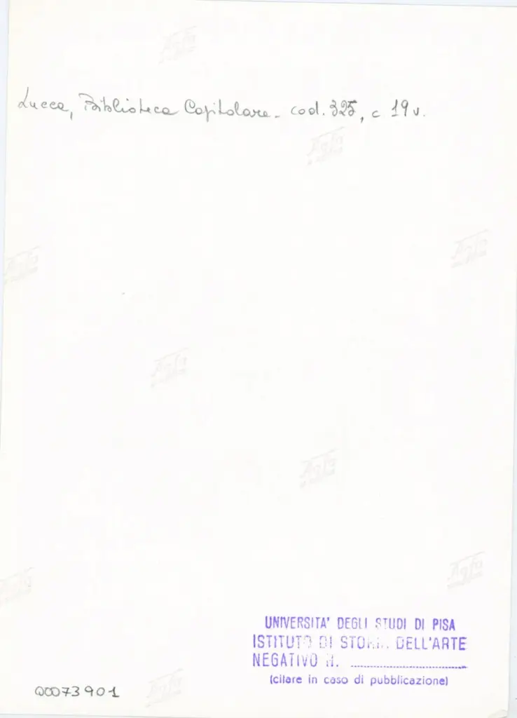 Universit&agrave; di Pisa. Dipartimento di Storia delle Arti , Anonimo italiano - sec. XIV, primo quarto - Lucca, Biblioteca Capitolare Feliniana, Ms. 325, f. 19v, particolare , retro