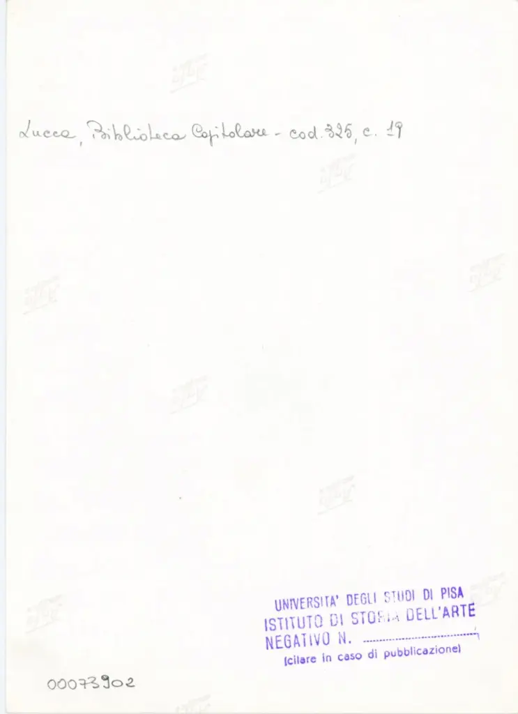 Universit&agrave; di Pisa. Dipartimento di Storia delle Arti , Anonimo italiano - sec. XIV, primo quarto - Lucca, Biblioteca Capitolare Feliniana, Ms. 325, f. 19r, particolare , retro