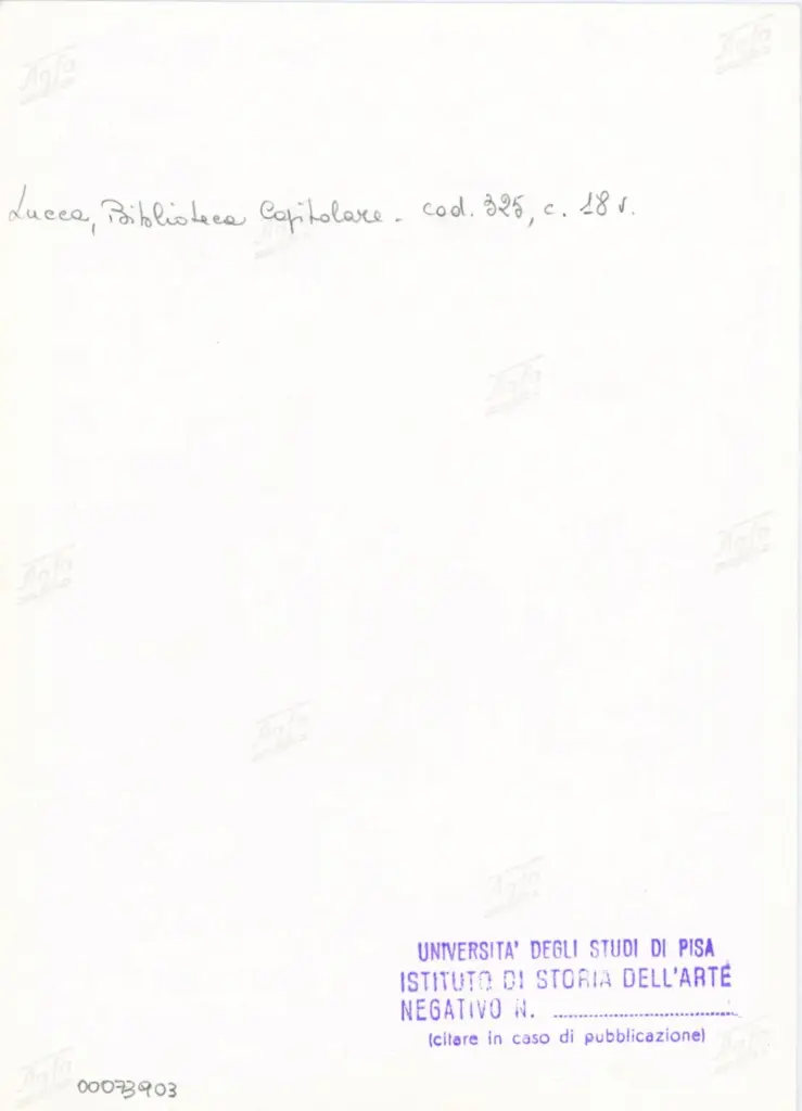 Universit&agrave; di Pisa. Dipartimento di Storia delle Arti , Anonimo italiano - sec. XIV, primo quarto - Lucca, Biblioteca Capitolare Feliniana, Ms. 325, f. 18v, particolare , retro