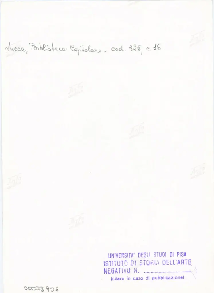 Universit&agrave; di Pisa. Dipartimento di Storia delle Arti , Anonimo italiano - sec. XIV, primo quarto - Lucca, Biblioteca Capitolare Feliniana, Ms. 325, f. 16r, particolare , retro