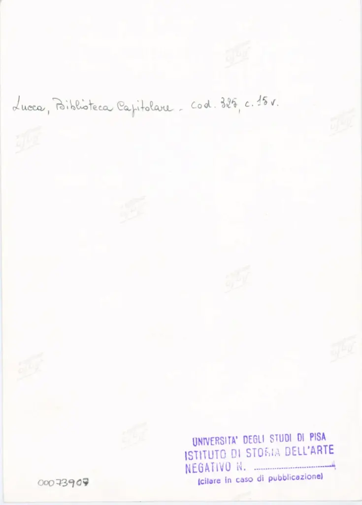 Università di Pisa. Dipartimento di Storia delle Arti , Anonimo italiano - sec. XIV, primo quarto - Lucca, Biblioteca Capitolare Feliniana, Ms. 325, f. 15r, particolare , retro