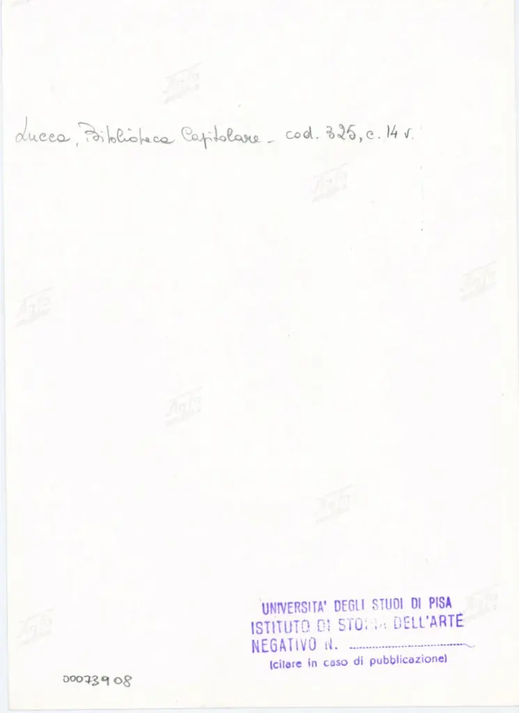 Universit&agrave; di Pisa. Dipartimento di Storia delle Arti , Anonimo italiano - sec. XIV, primo quarto - Lucca, Biblioteca Capitolare Feliniana, Ms. 325, f. 14v, particolare , retro