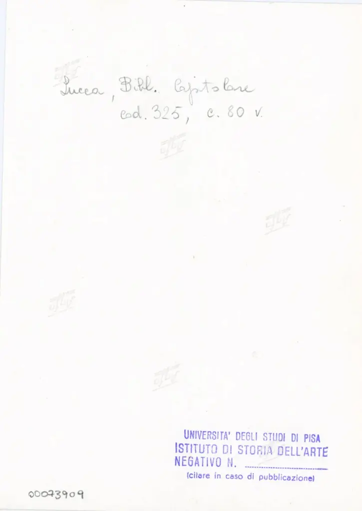 Universit&agrave; di Pisa. Dipartimento di Storia delle Arti , Anonimo italiano - sec. XIV, primo quarto - Lucca, Biblioteca Capitolare Feliniana, Ms. 325, f. 80v, particolare , retro