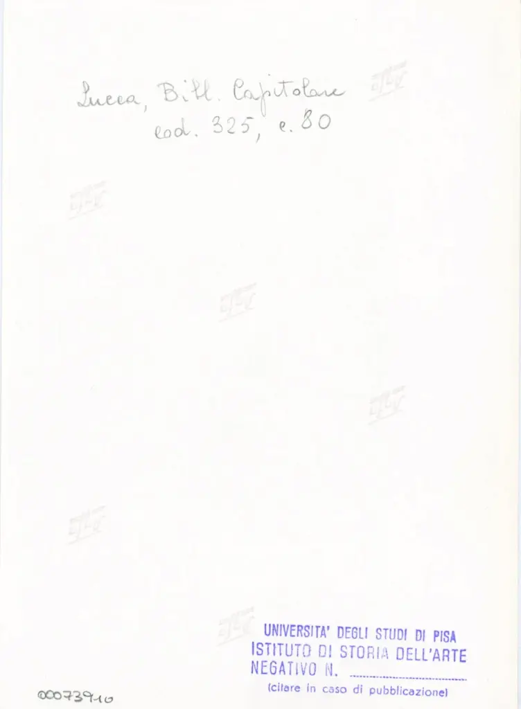 Universit&agrave; di Pisa. Dipartimento di Storia delle Arti , Anonimo italiano - sec. XIV, primo quarto - Lucca, Biblioteca Capitolare Feliniana, Ms. 325, f. 80r, particolare , retro