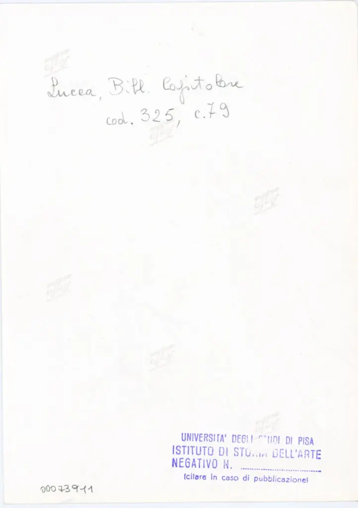 Universit&agrave; di Pisa. Dipartimento di Storia delle Arti , Anonimo italiano - sec. XIV, primo quarto - Lucca, Biblioteca Capitolare Feliniana, Ms. 325, f. 79r, particolare , retro