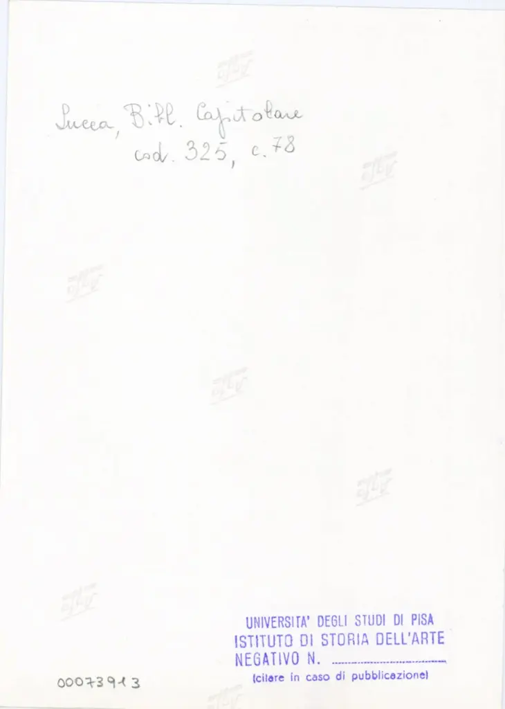 Universit&agrave; di Pisa. Dipartimento di Storia delle Arti , Anonimo italiano - sec. XIV, primo quarto - Lucca, Biblioteca Capitolare Feliniana, Ms. 325, f. 78r, particolare , retro