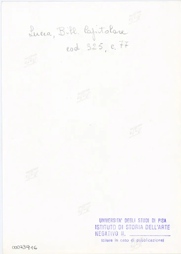 Università di Pisa. Dipartimento di Storia delle Arti , Anonimo italiano - sec. XIV, primo quarto - Lucca, Biblioteca Capitolare Feliniana, Ms. 325, f. 77r, particolare , retro