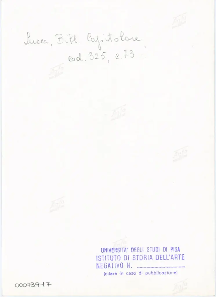 Universit&agrave; di Pisa. Dipartimento di Storia delle Arti , Anonimo italiano - sec. XIV, primo quarto - Lucca, Biblioteca Capitolare Feliniana, Ms. 325, f. 73r, particolare , retro