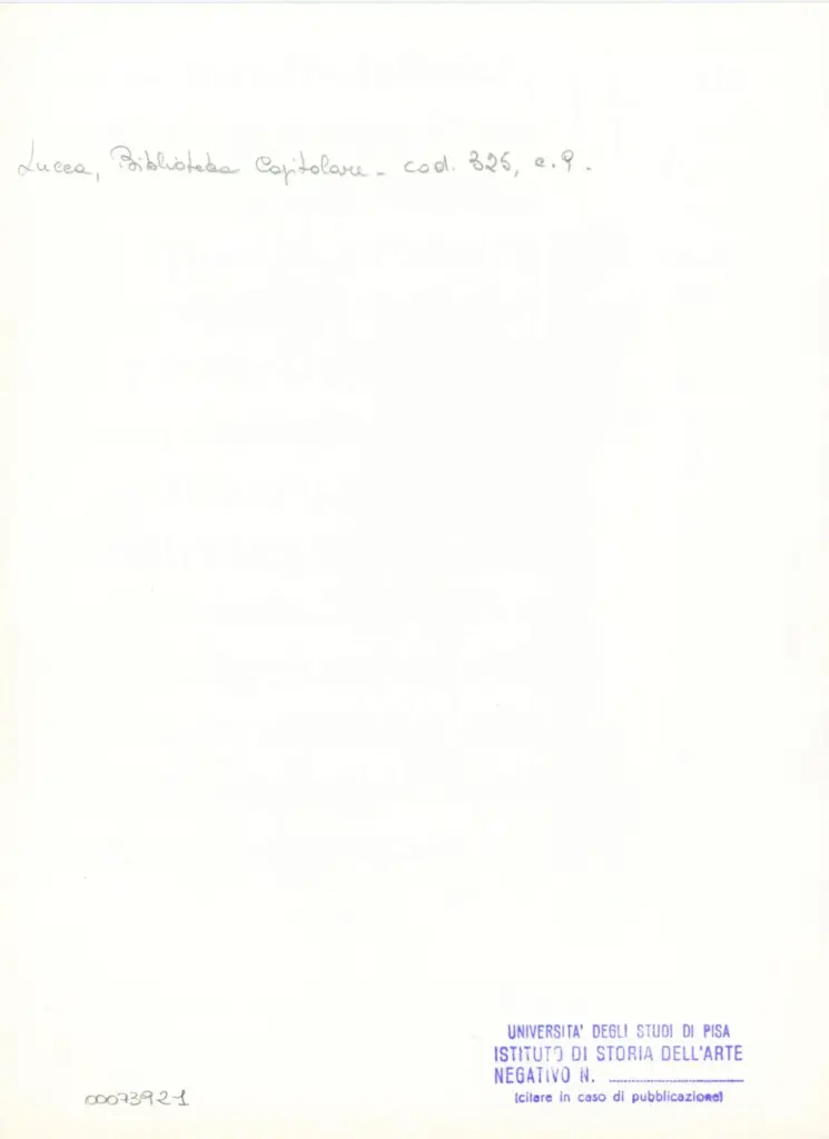 Università di Pisa. Dipartimento di Storia delle Arti , Anonimo italiano - sec. XIV, primo quarto - Lucca, Biblioteca Capitolare Feliniana, Ms. 325, f. 9r, particolare , retro